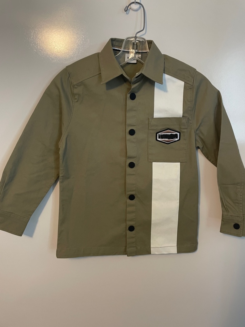 BOSS Hugo Boss Boys Shirt Olive Green White Stripe Logo Pocket Snap Front Size 8